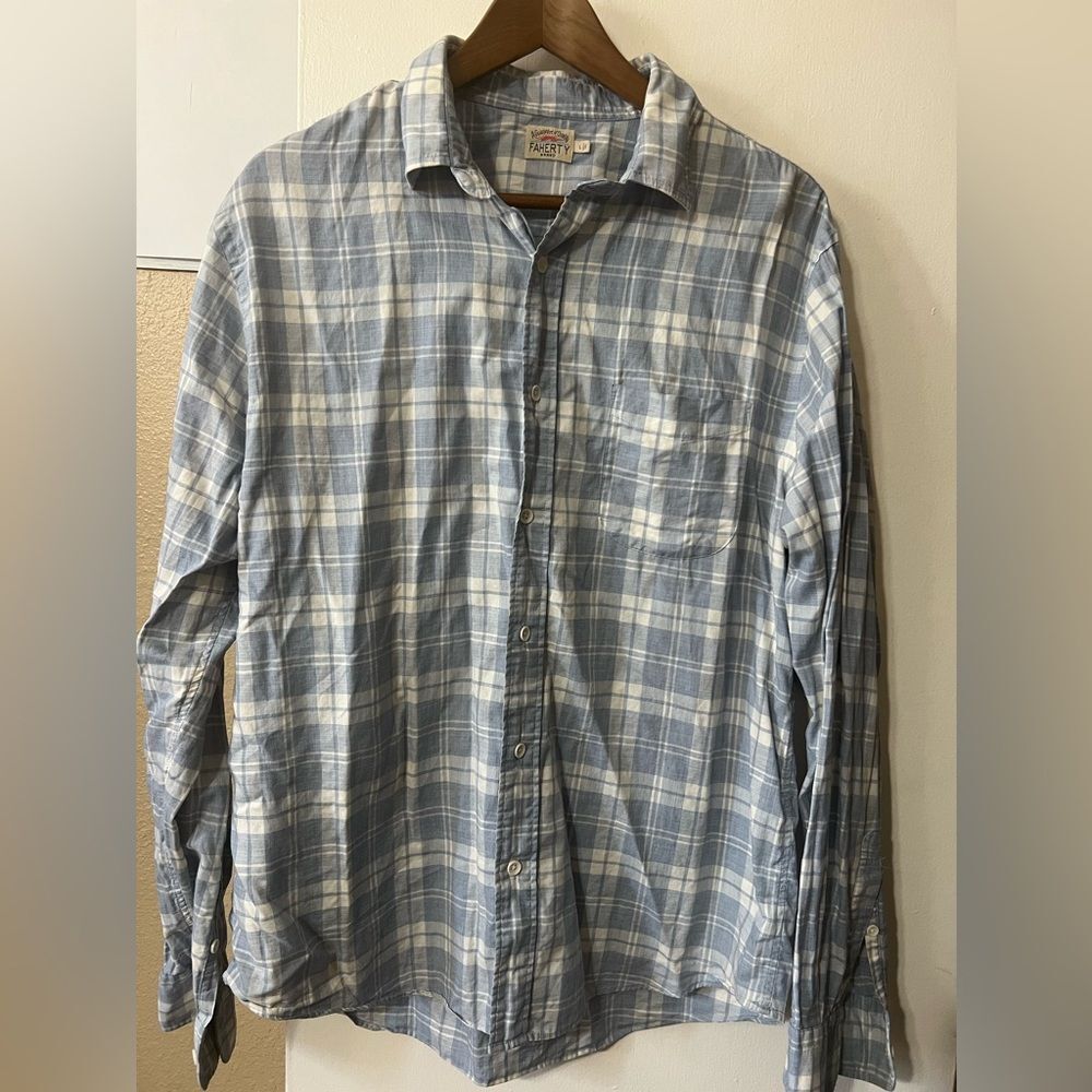 Faherty Men’s Blue & White Plaid Long Sleeve Shirt SzL Western Cabincore Outdoor